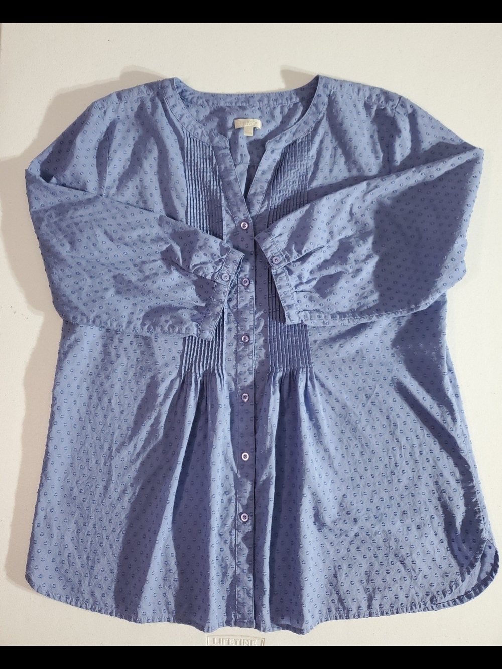 Talbots Lg Light Blue Swiss Dot Pintuck Button-Front Prairie Blouse